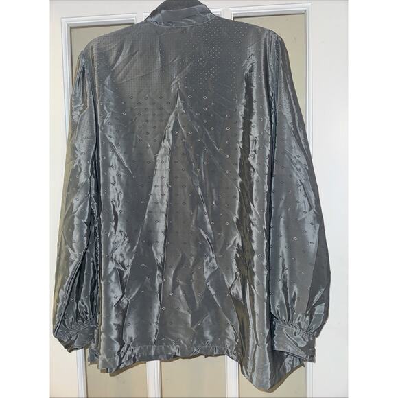 Lady Shapely Vintage Silver Blouse 3X Gray Silky Tie at Neck - Picture 4 of 5